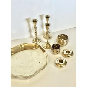 Vintage Brass Decor Candle Holders, Tray, Bowl Mixed Shiny Ornate Display Pieces